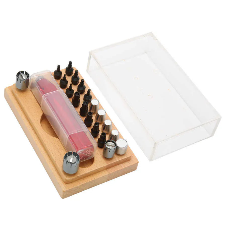 Set of 20 steel extracting tubes for watch repair in a compact toolkit.