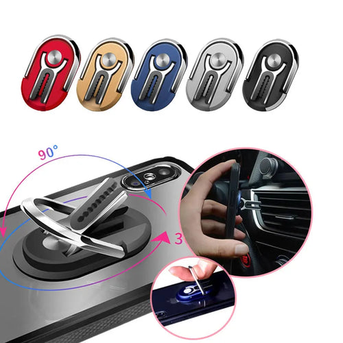Black universal car phone bracket mounted on car vent holding smartphone