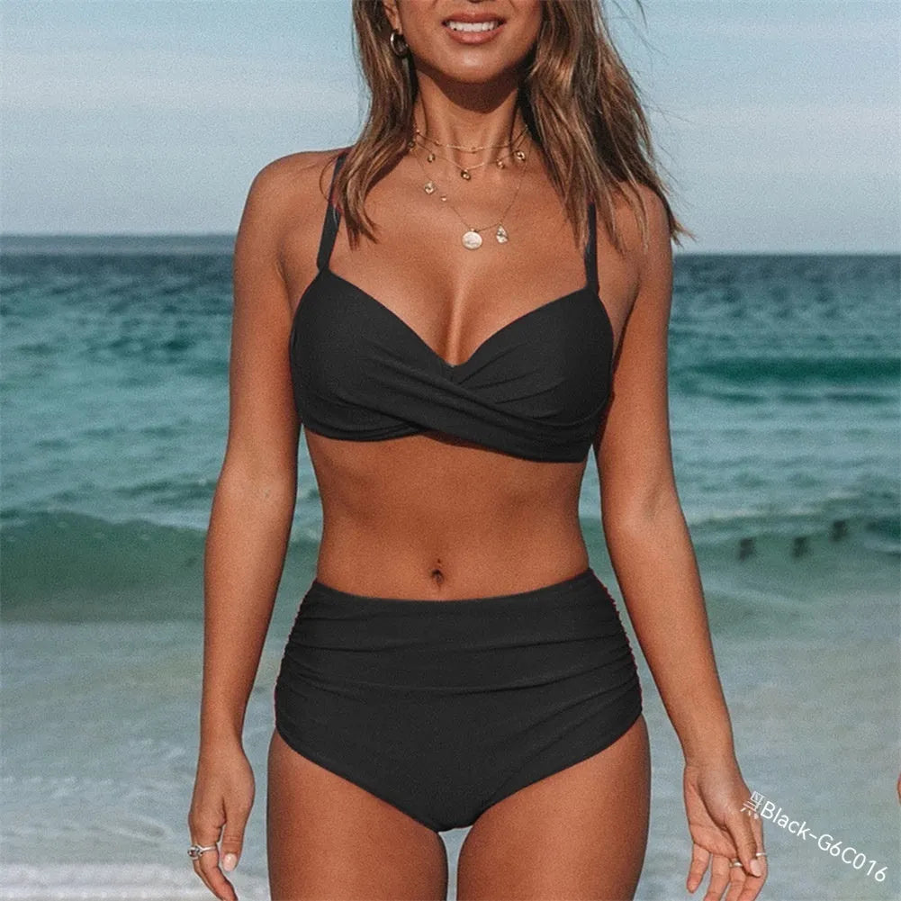 Women's cross strap solid colour bikini in army green with briefs style