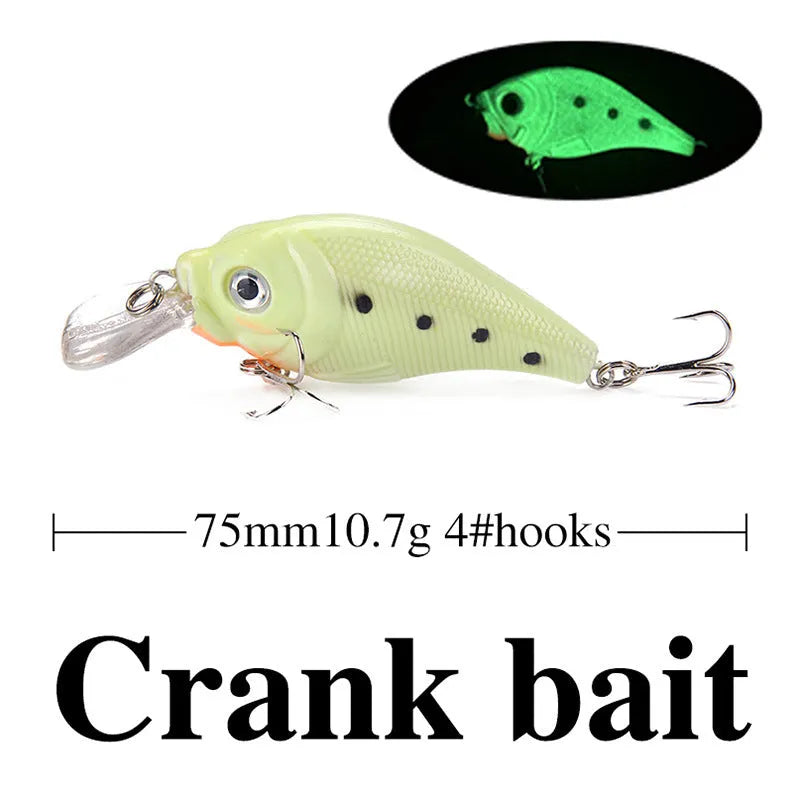 Set of 5 fluorescent simulation hard bait fishing lures with 3D submerged luminous design