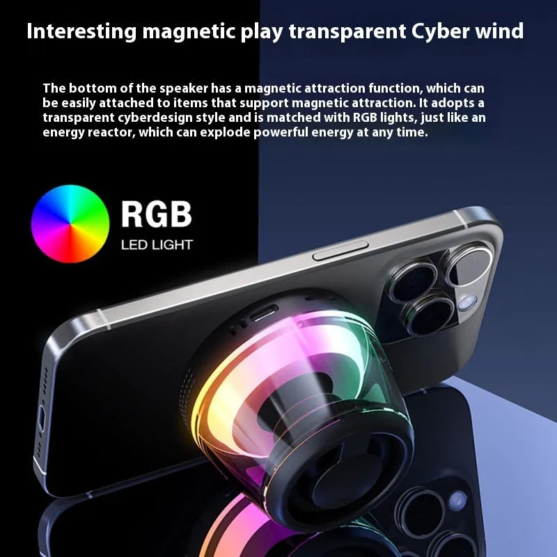 Compact portable Bluetooth speaker with ambient light ring and magnetic base in black or white