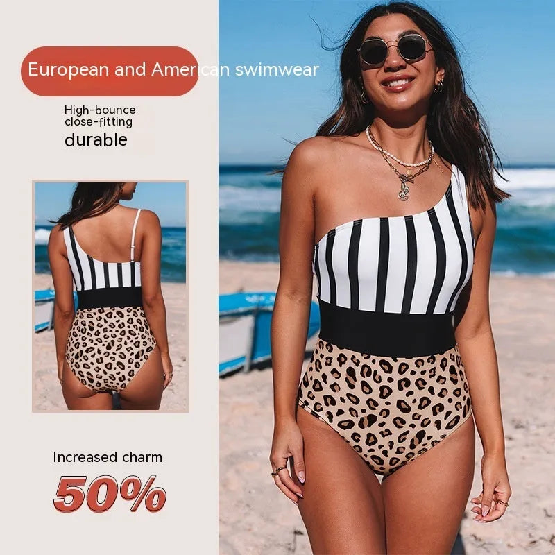 Leopard print women's one-piece swimsuit with asymmetric collar and high waist triangle brief style