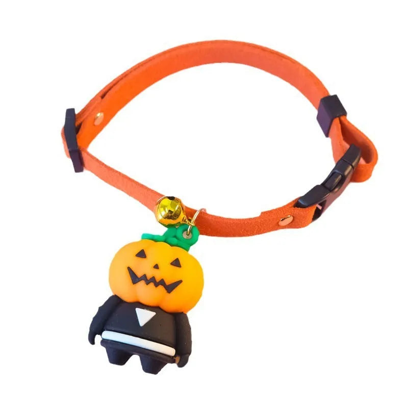 Halloween pet collar with luminous glow-in-the-dark pumpkin man pattern, adjustable size for dogs and cats