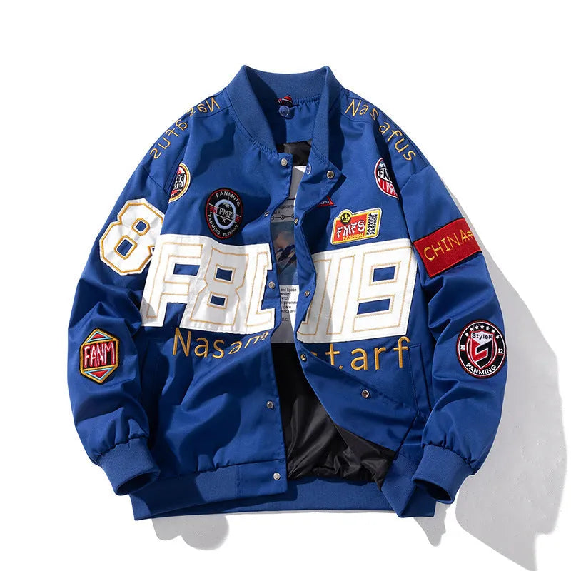 Black loose fit American motorcycle baseball jacket with side pockets on a mannequin.