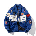 Black loose fit American motorcycle baseball jacket with side pockets on a mannequin.
