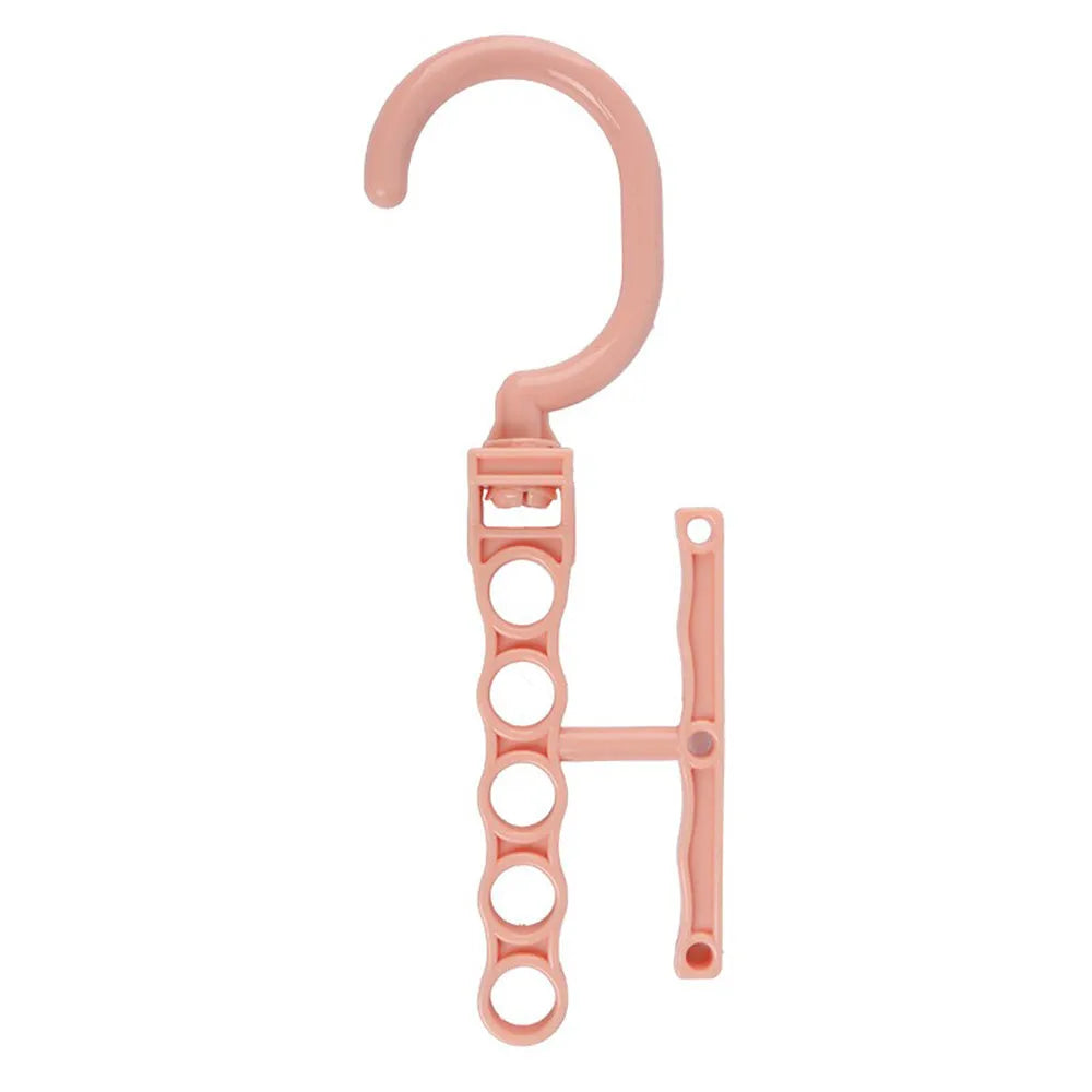 Blue revolving wardrobe hanger with five branches and folding handle for clothing organisation