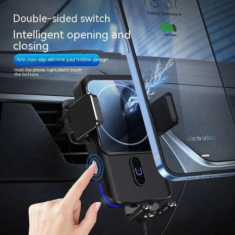 Black car wireless charging phone holder with 15W power and clip or suction cup mounting bracket