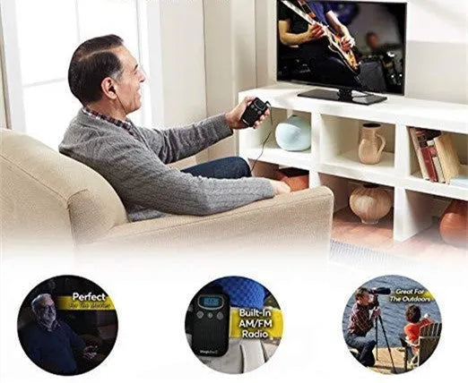Magic Ear Personal Voice Enhancer, a brilliant coloured digital hearing aid booster with a design like a handheld FM radio.