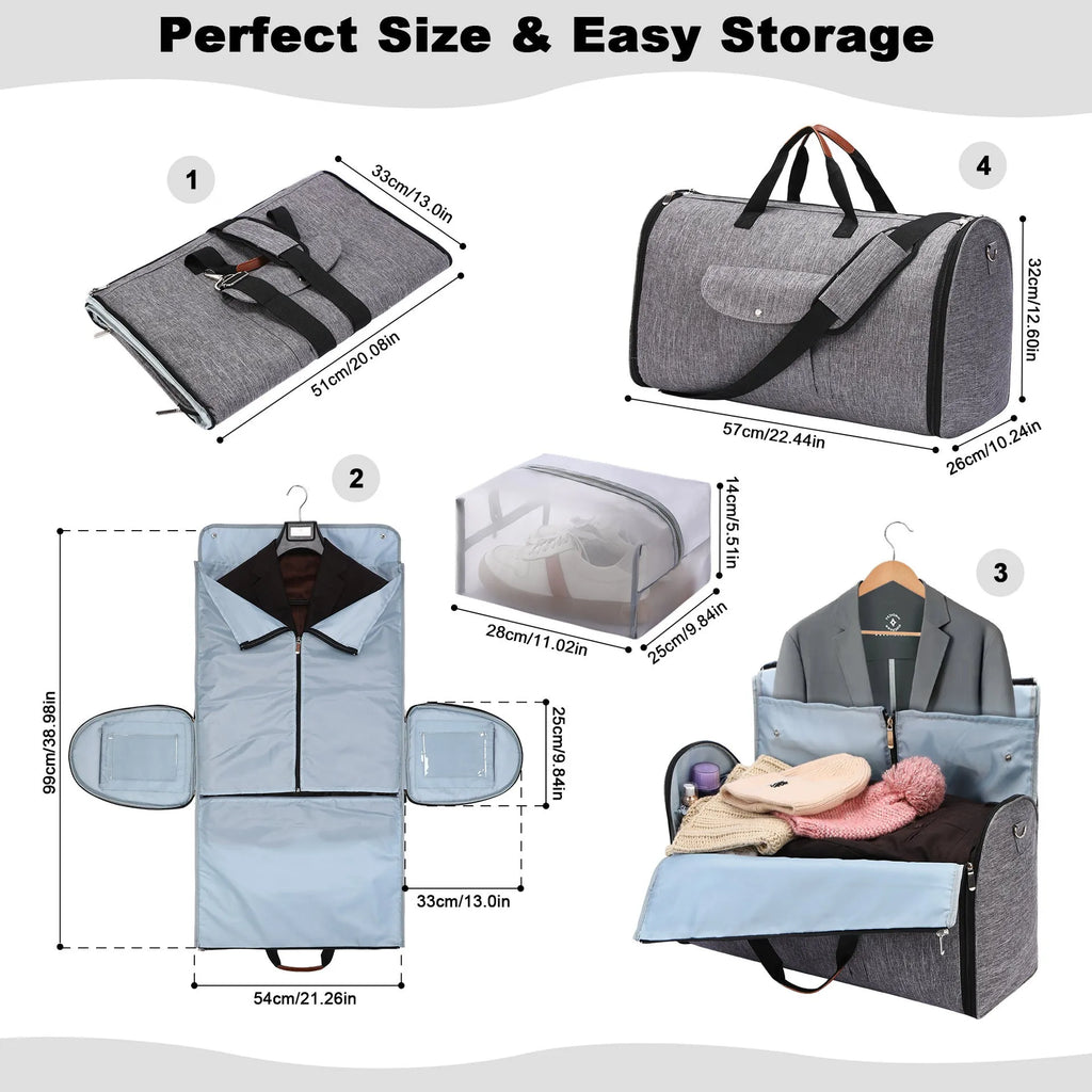 Folding duffel bag in Oxford cloth showing dark blue, grey, and black colour options