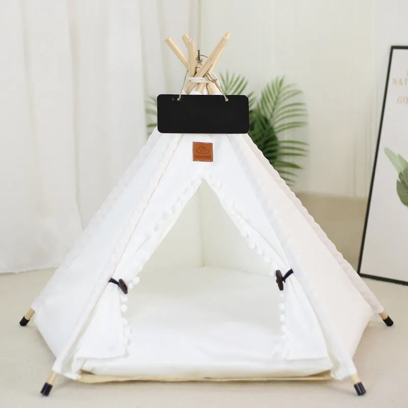 Striped linen pet teepee tent with cushion for a small dog or cat