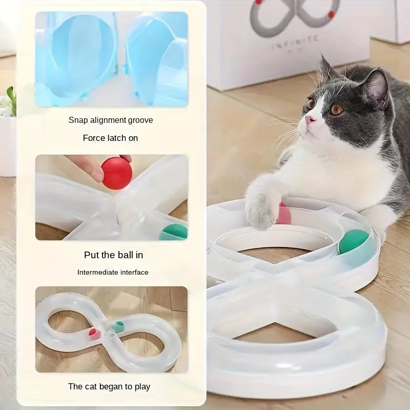 Blue and white interactive cat toy turntable track ball set with teasing stick for kitten play