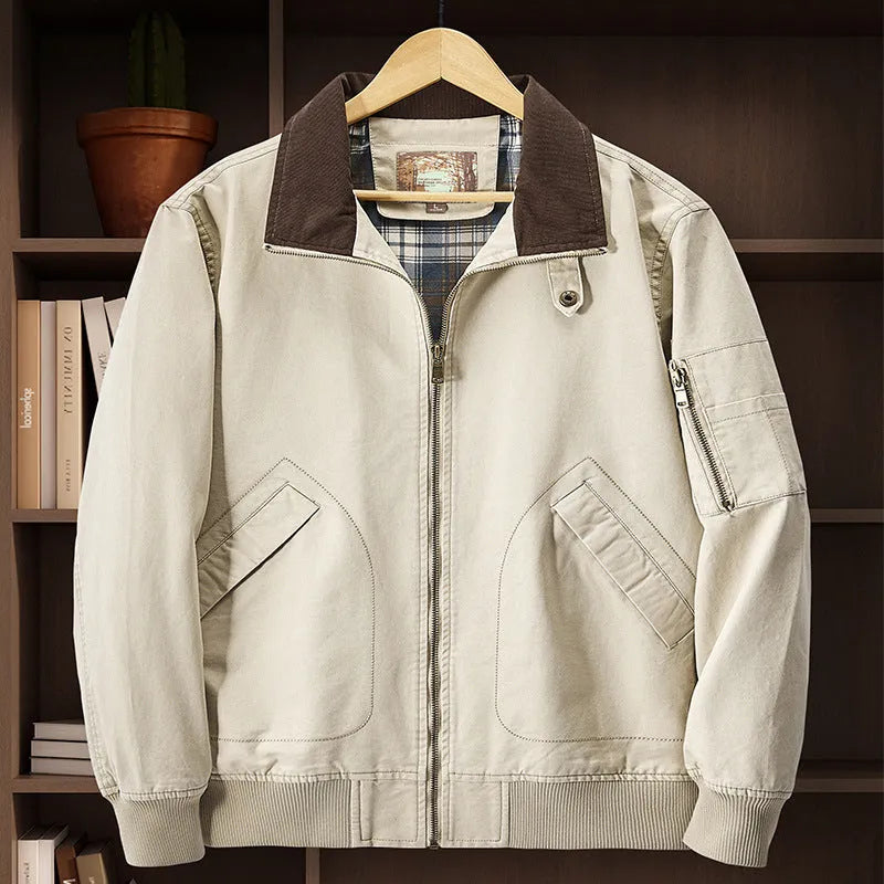 Men's plus size washed cotton baseball flight jacket shown in camel colour.