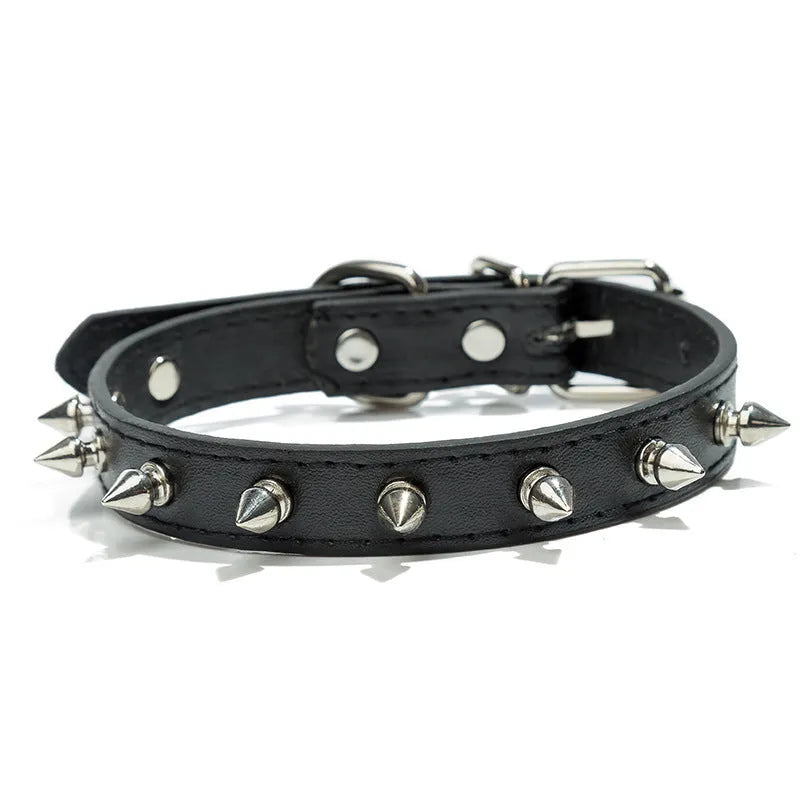 Studded PU leather dog collar in black with metal decorations and an alloy buckle.