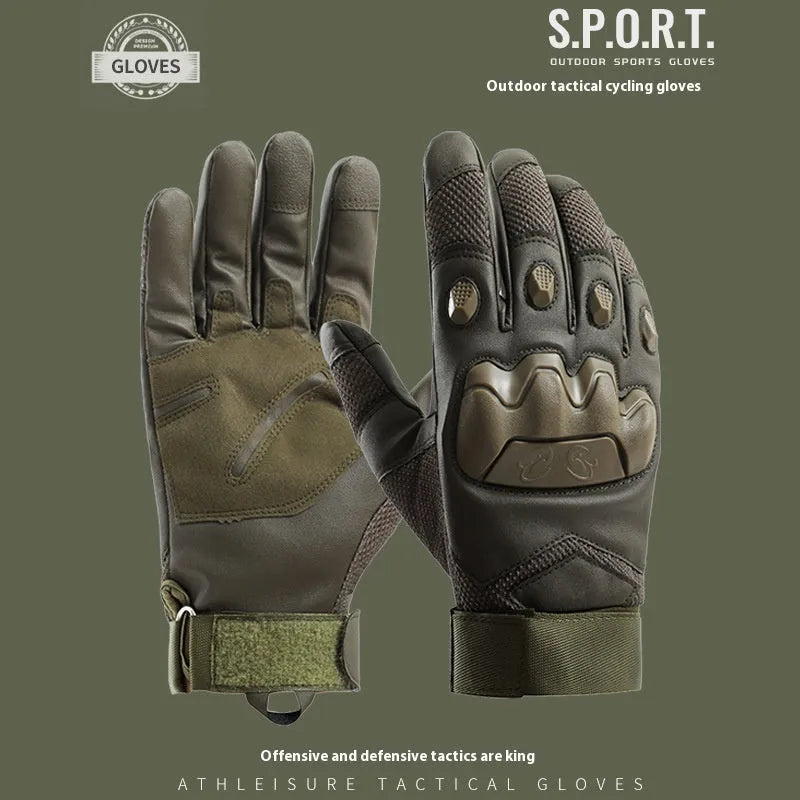 Men's black full finger tactical gloves with touch screen capability on the fingertips.