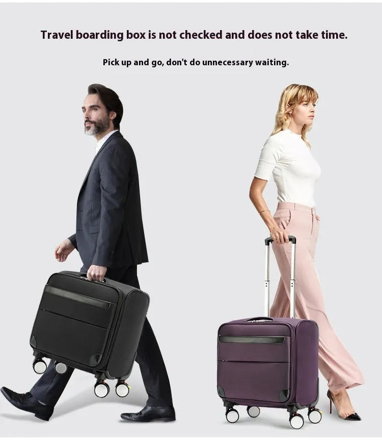 Black 18 inch Oxford cloth business suitcase with retractable handle and universal wheels.