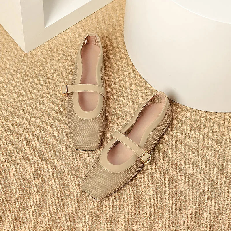 Women's beige mesh summer pump with square toe and buckle closure on a low flat heel.