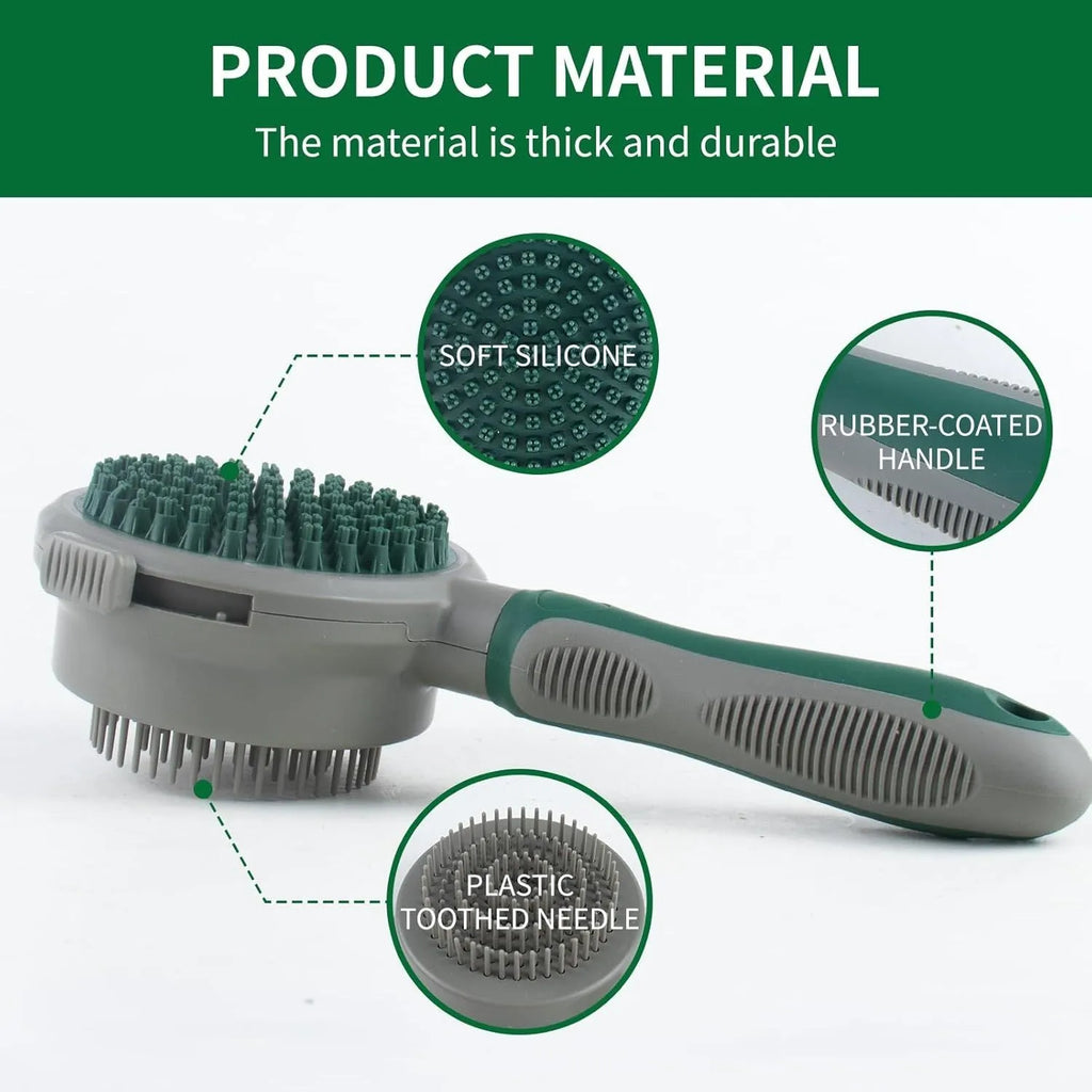 Green and pink 2-in-1 silicone pet grooming brush showing slicker brush side and massage side