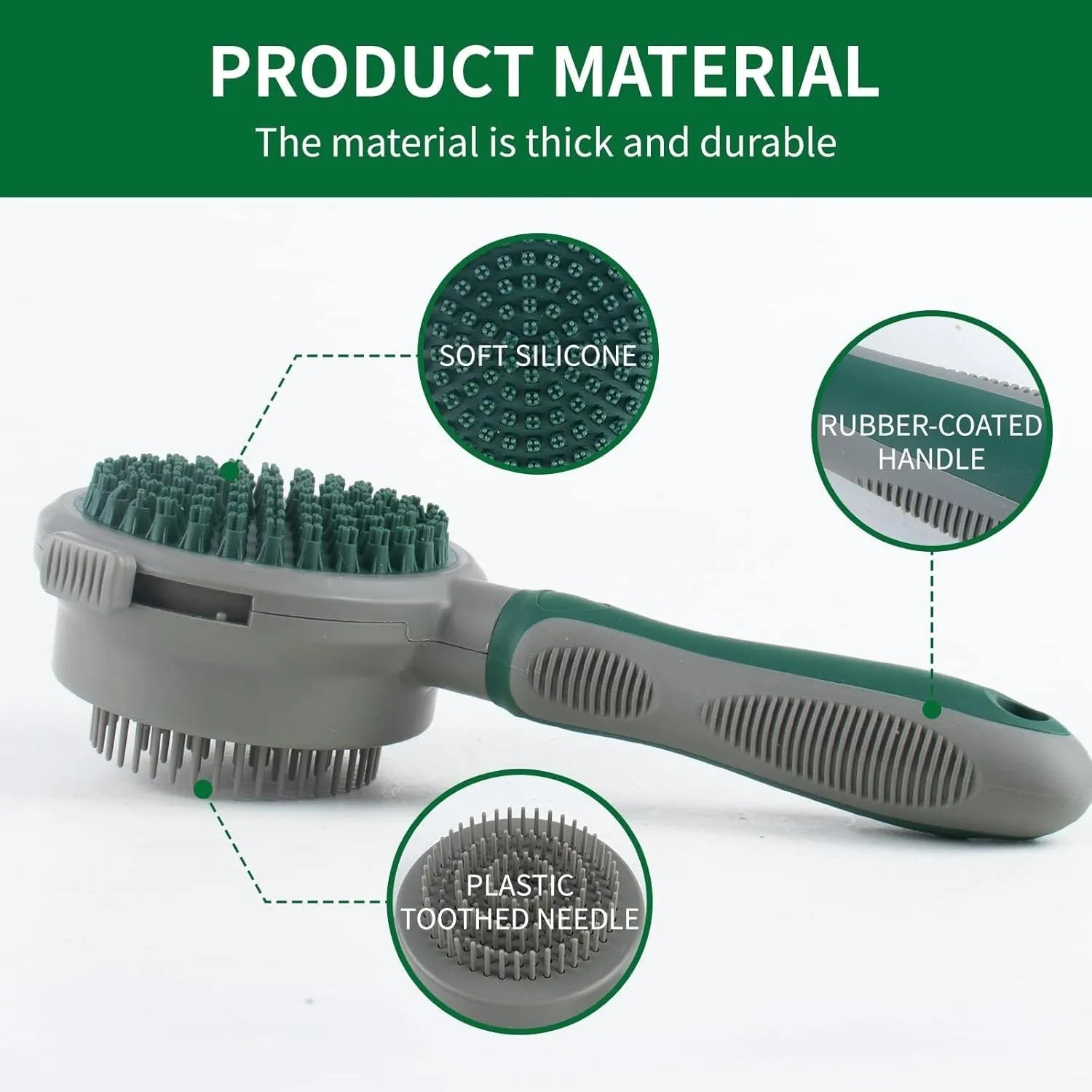 Green and pink 2-in-1 silicone pet grooming brush showing slicker brush side and massage side
