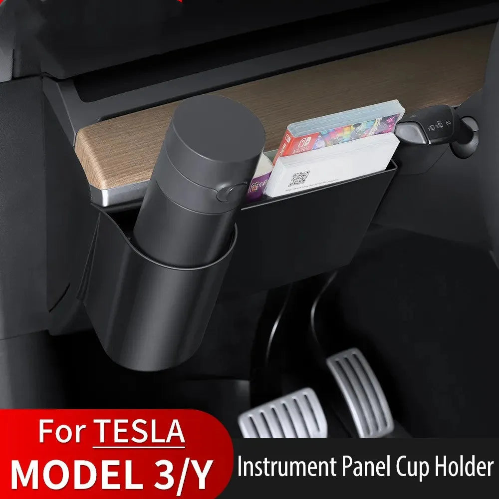 Plastic dashboard cup holder for left-hand drive Tesla Model 3 and Model Y cars.