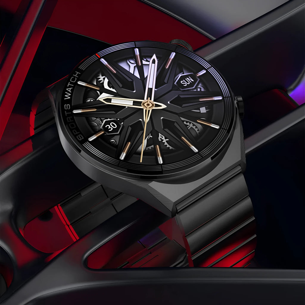 Large screen Bluetooth smart watch with call functionality showing black colour option with leather strap
