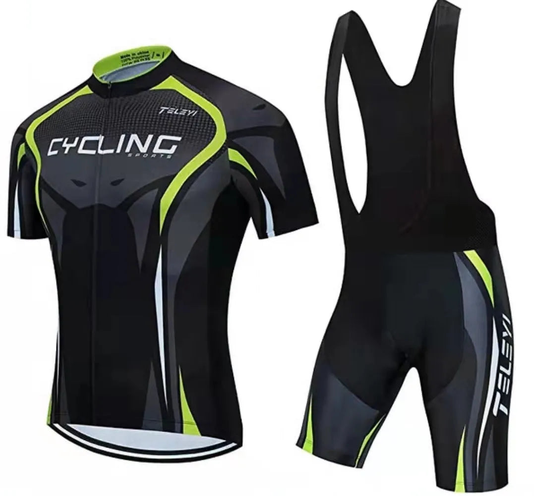 Men's and women's blue cycling jersey and black shorts set for summer biking