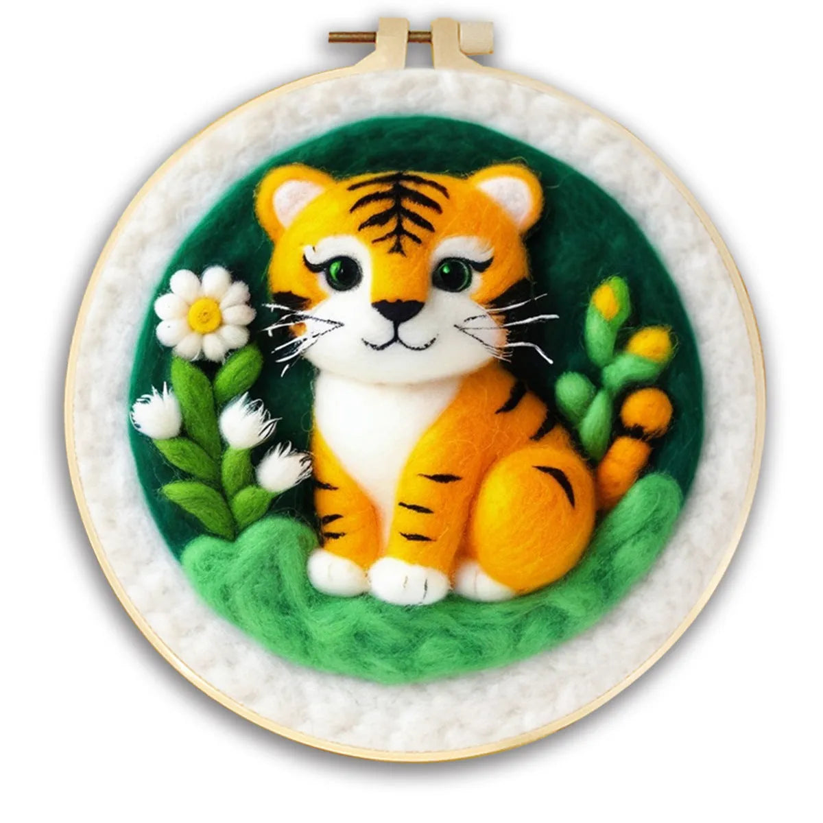 Round linen embroidery kit with wool felt materials for three-dimensional floral design