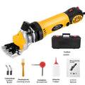 Yellow electric wool shears with 110V plug and multiple blade configurations for sheep shearing