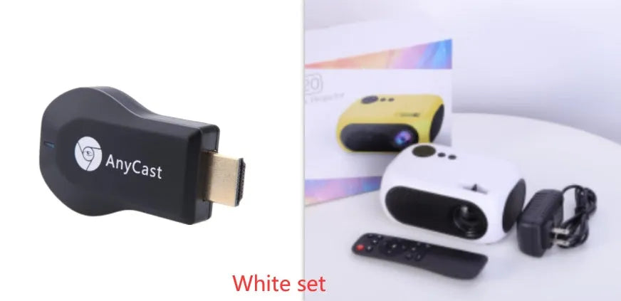 Compact gold or white M24 micro mini LED projector on a table with power adapter and AV cable.