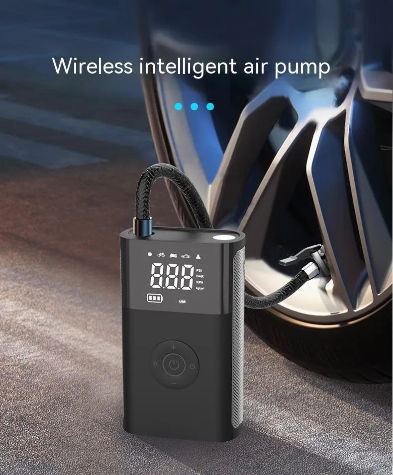 Black wireless digital tyre inflator pump with digital display and multiple nozzle attachments