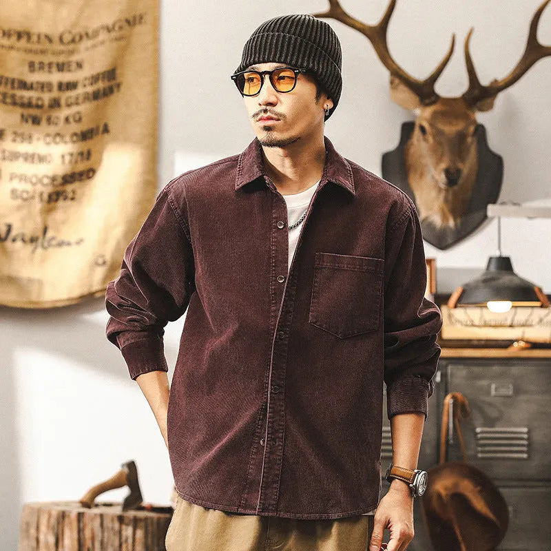 Men's retro corduroy long-sleeved shirt jacket in red or black, loose fit.