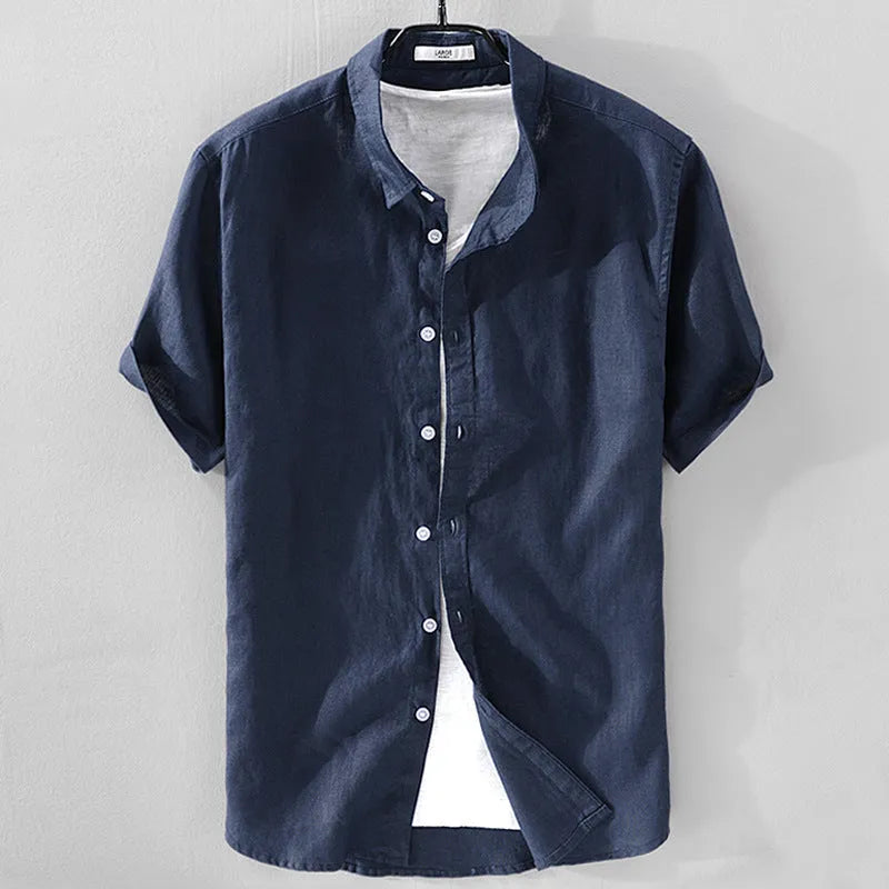 Men's loose fit short sleeve shirt in cotton linen blend fabric available in multiple solid colours