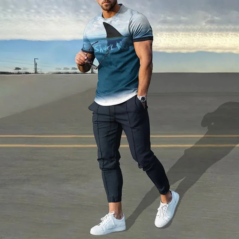 Men's short sleeve printed pullover and trousers set in thin polyester blend fabric for sports and casual wear