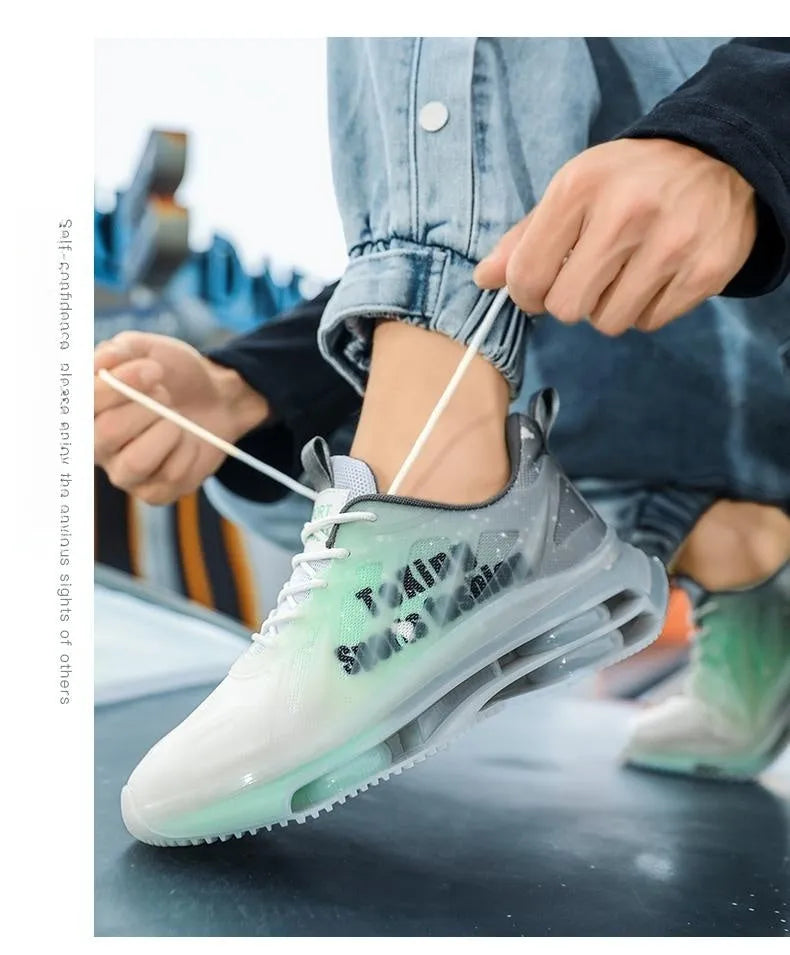 Men's black and green platform casual running shoes with mesh upper and thick rubber sole.