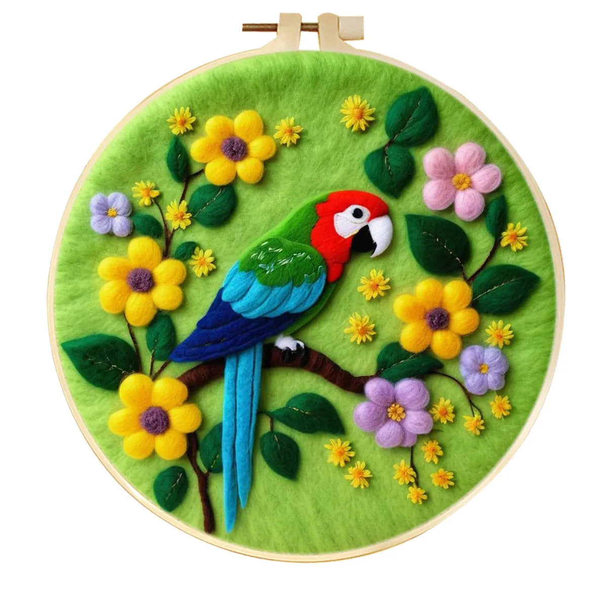 Round linen embroidery kit with wool felt materials for three-dimensional floral design