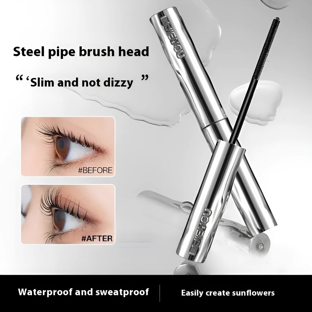 Waterproof long thick steel tube mascara in black and brown shades with optional eyelash curler