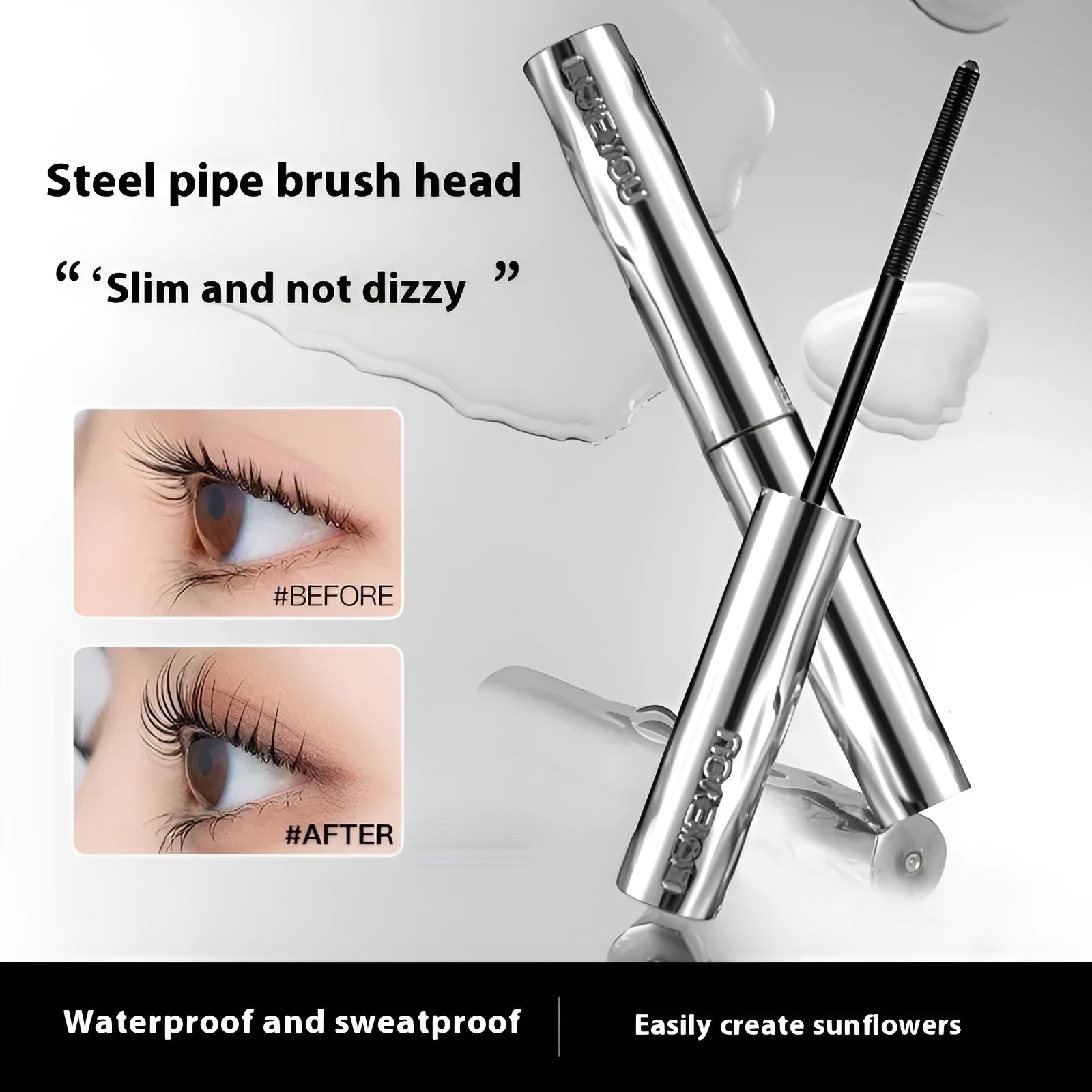 Waterproof long thick steel tube mascara in black and brown shades with optional eyelash curler