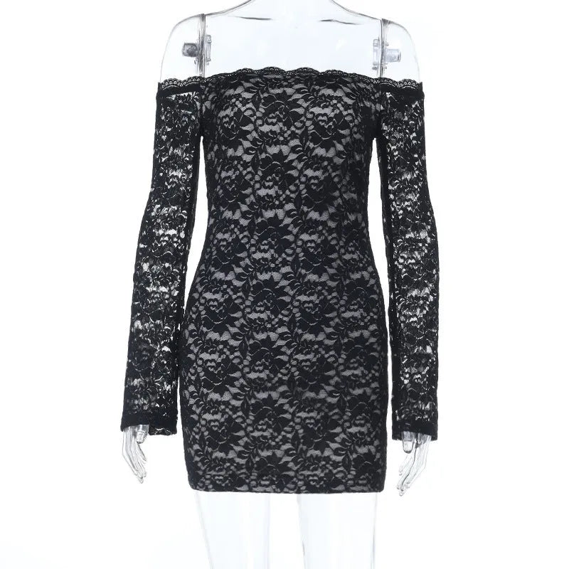 One-shoulder lace long-sleeved black dress with sheer pencil skirt high waist