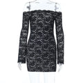 One-shoulder lace long-sleeved black dress with sheer pencil skirt high waist