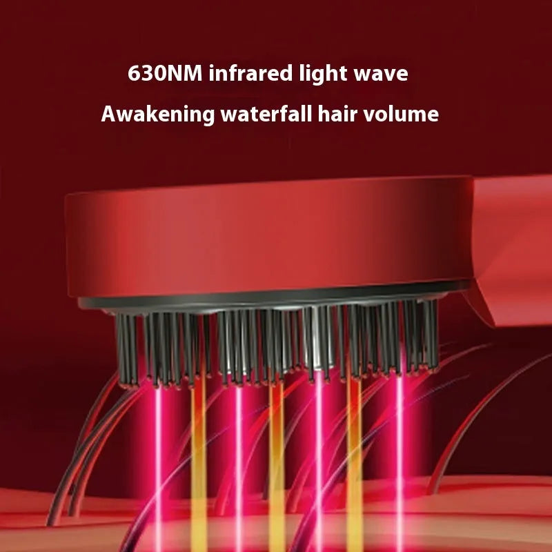 Black and red rechargeable massage hair comb with red and blue light therapy functions