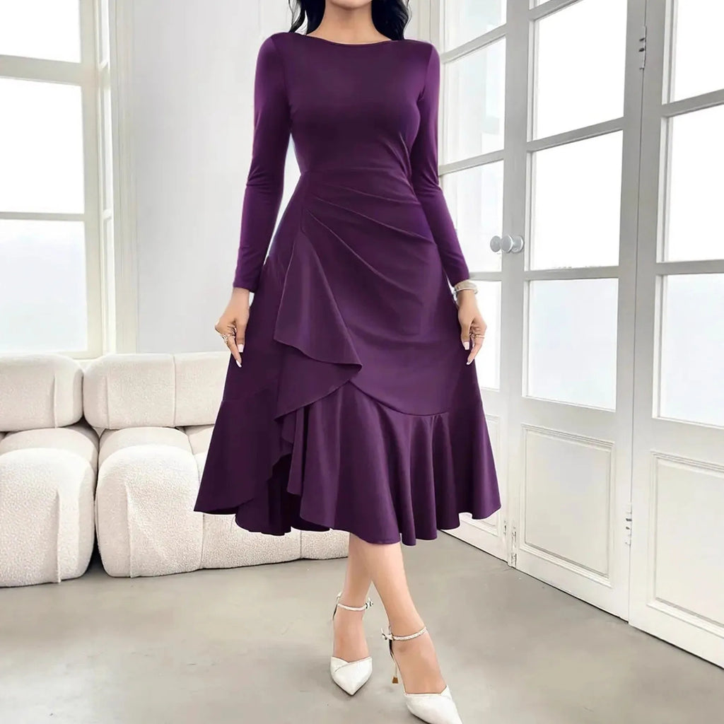 Purple women's long sleeve dress with ruffle detail and mid waist
