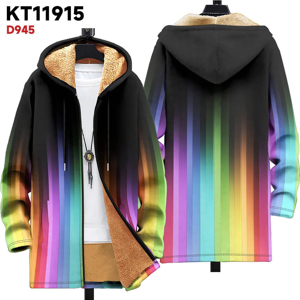 Man wearing a loose fit, multicolour print hooded cardigan with a front zipper.