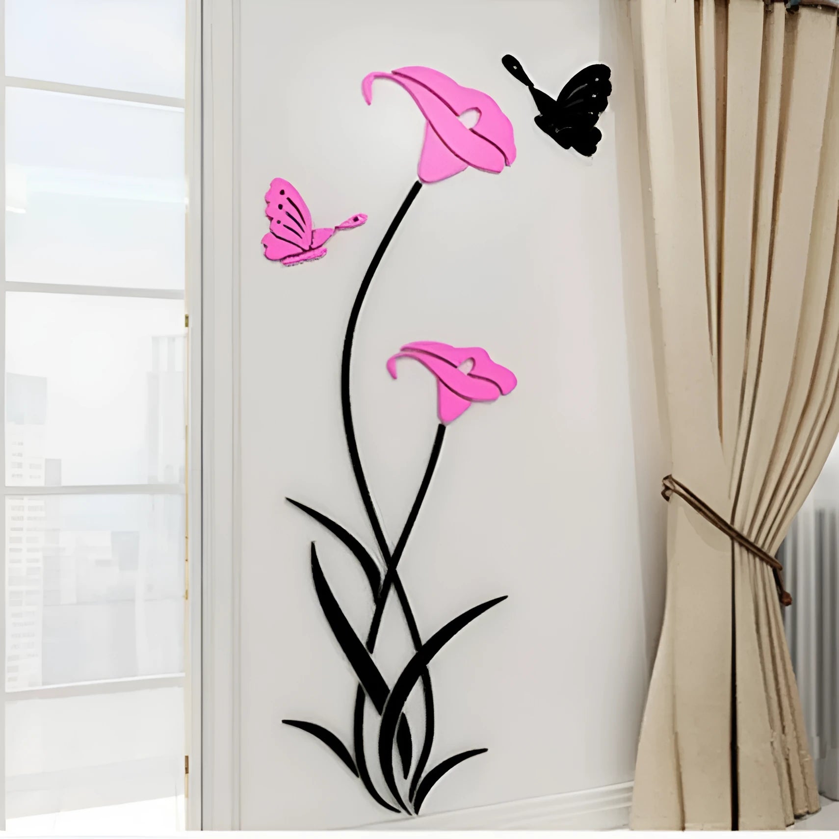 Lily floral 3D acrylic wall sticker in pink colour showing dimensional detail