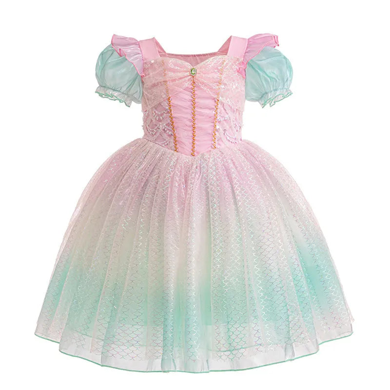 Little girl cotton gauze princess dress with short sleeves, puff sleeve mermaid style, in a solid colour for a wedding or birthday party