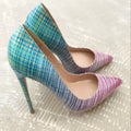 Pink blue gradient patent leather ladies high-heel shoes with pointed toe and thin heel.