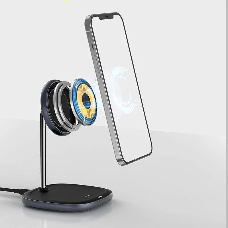 Black Swan magnetic wireless charging stand for Apple iPhone 12 series on a desk.