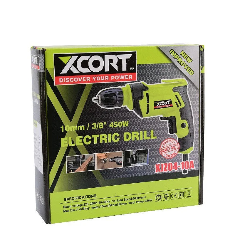 Pistol grip electric power drill on a workbench with a 10mm drill bit.