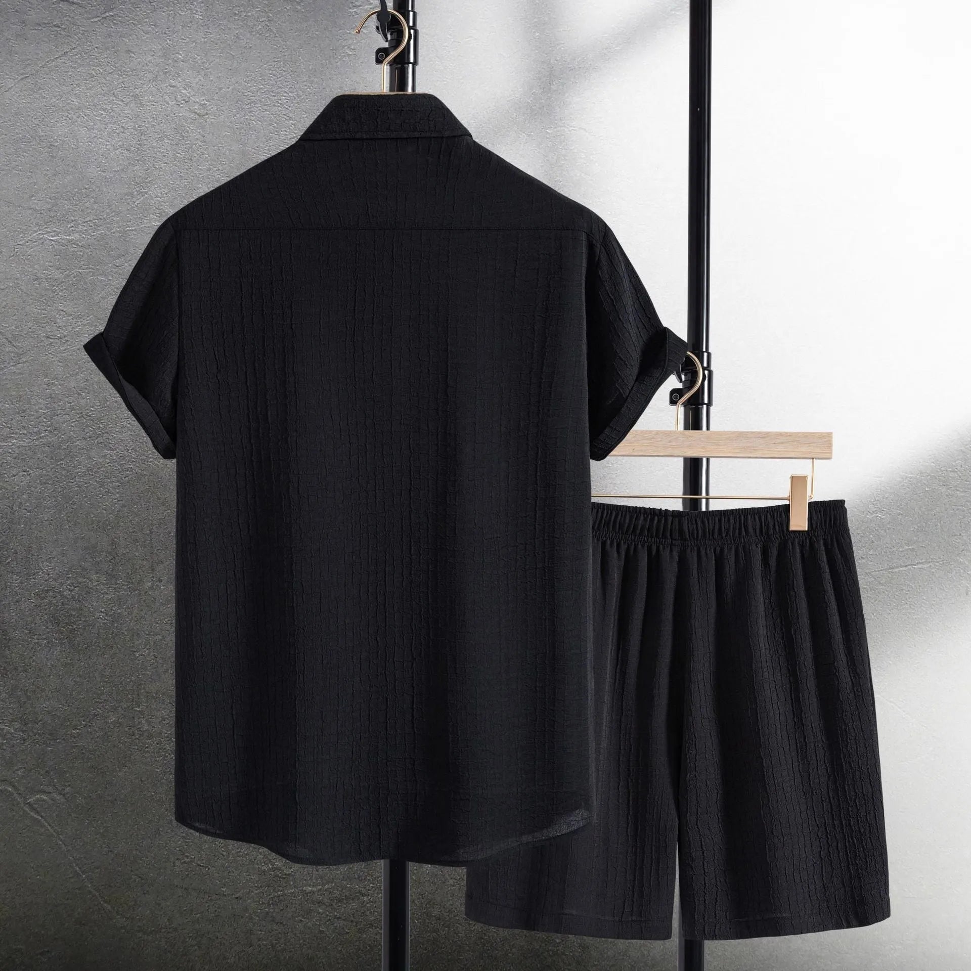 Men's white cotton blend jacquard short sleeve shirt with matching casual shorts