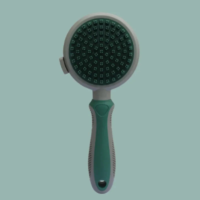 Green and pink 2-in-1 silicone pet grooming brush showing slicker brush side and massage side