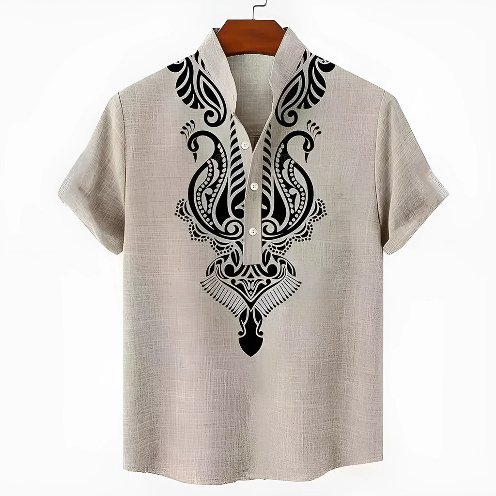Men's striped loose-fit casual shirt on a hanger, showing button front and sleeve detail.