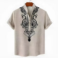 Men's striped loose-fit casual shirt on a hanger, showing button front and sleeve detail.
